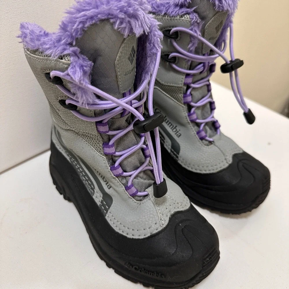 Columbia Bugaboot Plus IV Snow Boots Kids Size 3 Grey Purple‎ Good Waterproof